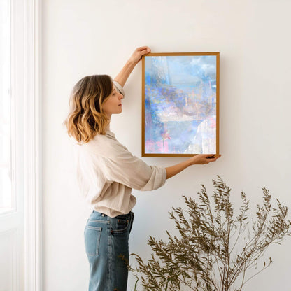 Contemporary abstract artwork ‘Lakeside’ evoking a dreamlike natural haven in blue – designed to bring balance and beauty to your walls