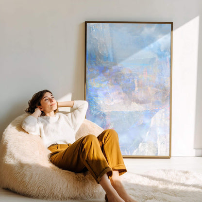 Contemporary abstract artwork ‘Lakeside’ evoking a dreamlike natural haven in blue – designed to bring balance and beauty to your walls