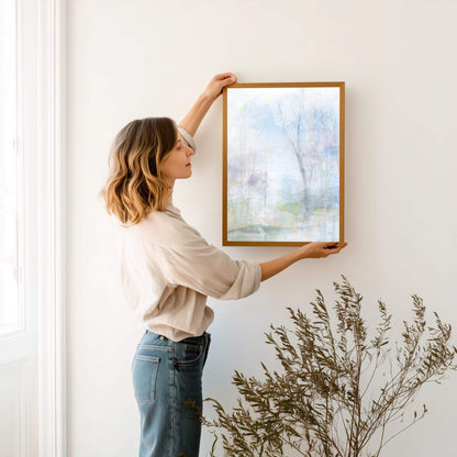 Soothing abstract art print titled ‘Morning Glade’ inspired by peaceful forest mornings – perfect for creating calm, mindful interiors.